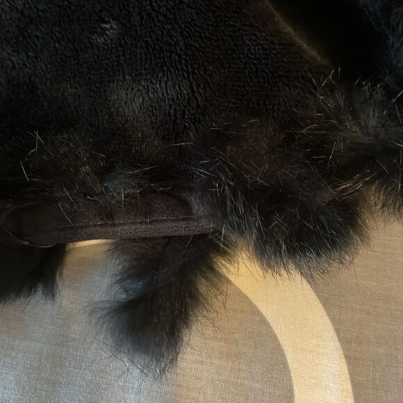 Jones New York Black Faux Suede‎ Real Rabbit Fur Trim Hooded Coat Size S - Picture 13 of 15